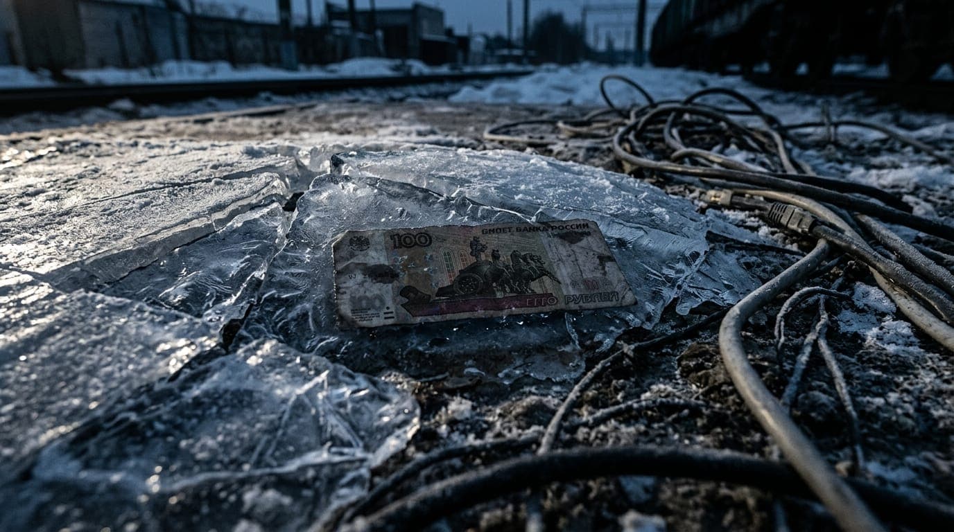 A weathered Russian ruble banknote lies half-submerged beneath a cracked sheet of ice, shot from ground level in harsh winter side-light that casts long blue shadows across the frozen