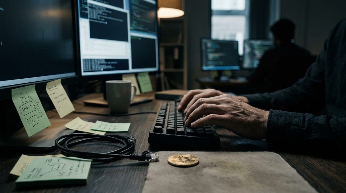 A developer's hands hover over a mechanical keyboard in a dim office, the blue-white glow of multiple terminal windows casting sharp shadows across scattered sticky notes and a small brass