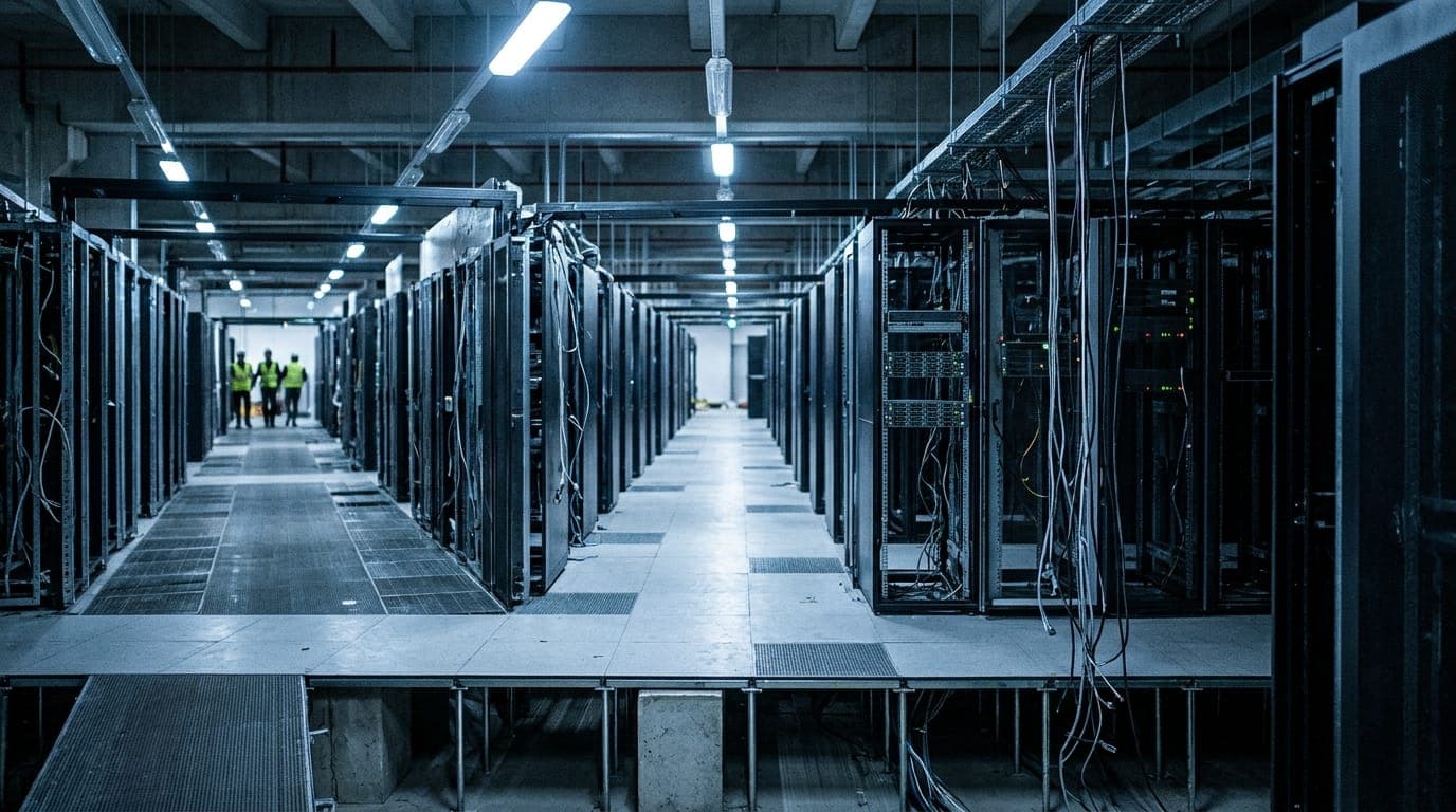A vast server hall stretches into the distance under cold blue-white fluorescent light, its rows of black metal racks partially bare and visibly unpopulated, power cables hanging loose and