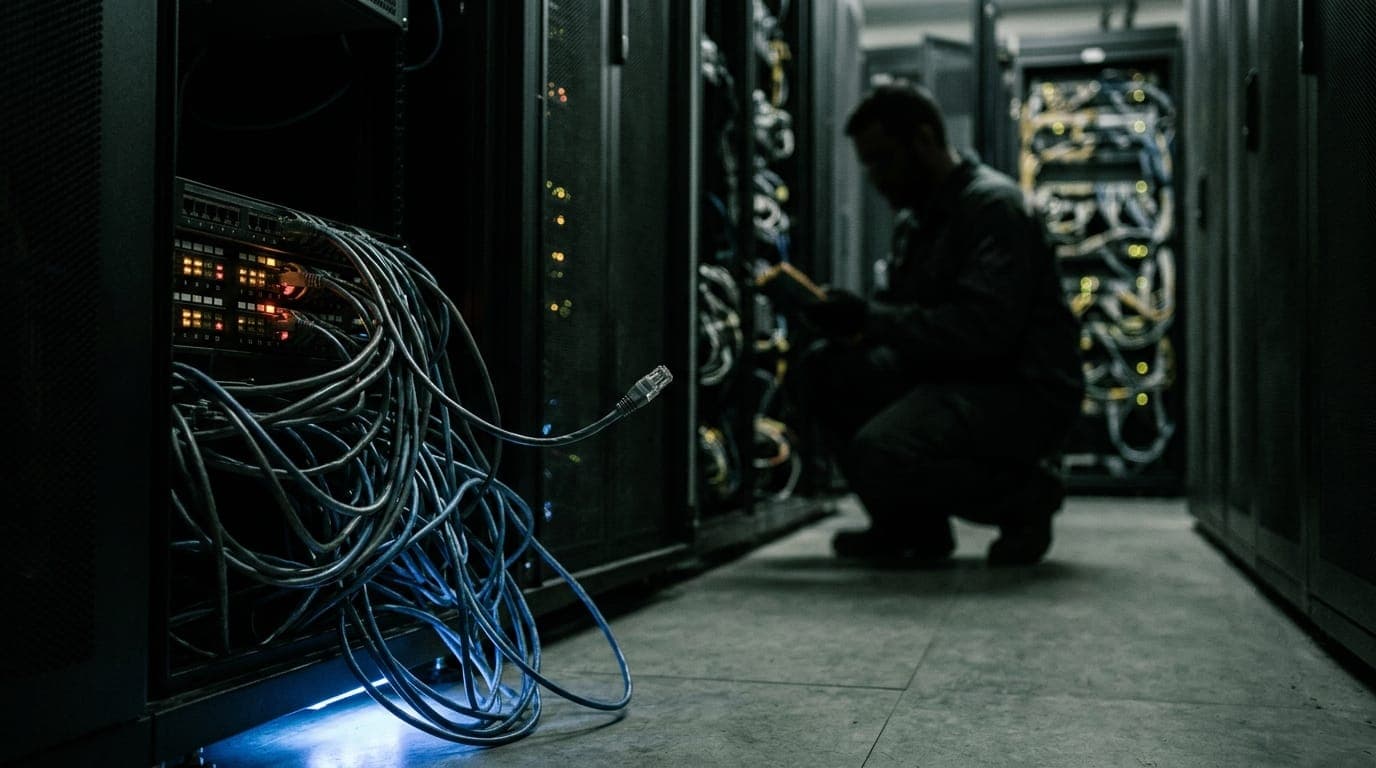 A tangle of thick ethernet cables spilling out of an open server rack in a dimly lit data center, bathed in cold blue LED underlighting, with a single unplugged cable dangling loosely