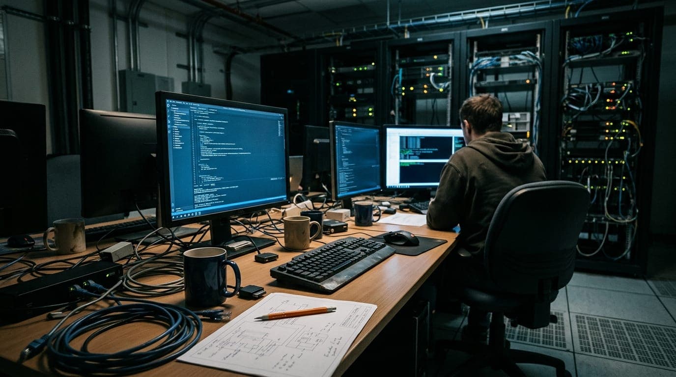 A developer's cluttered desk bathed in cool blue monitor glow shows multiple terminal windows cascading across a dark screen beside a tangled ethernet cable, empty coffee cups, and a small