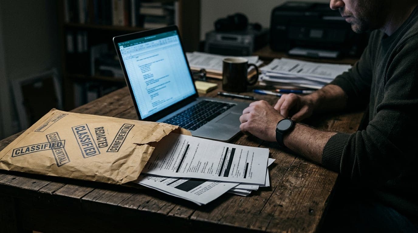 A crumpled manila envelope marked with redaction stamps spills open on a weathered wooden desk beside a glowing laptop screen, its blue light casting cold shadows across scattered printouts