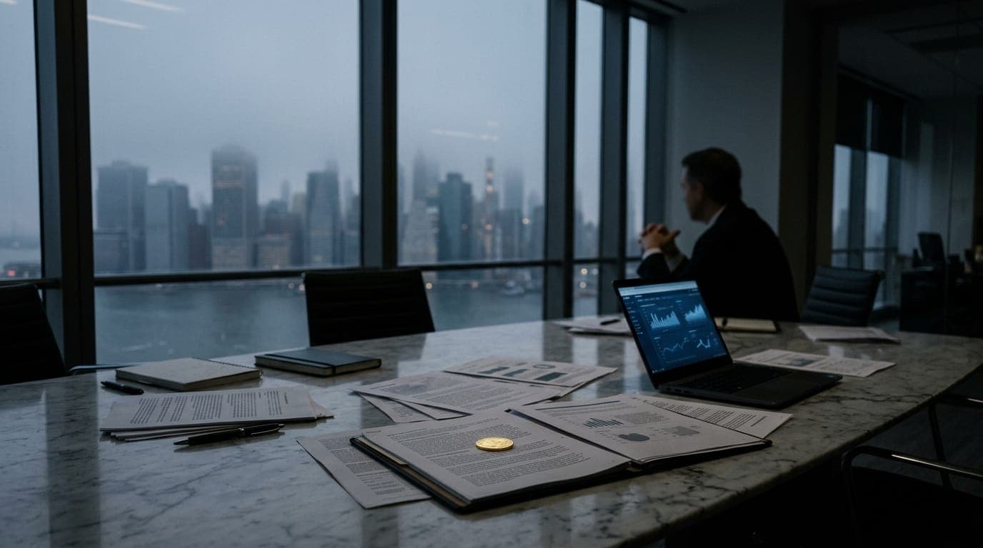 A marble-topped conference table holds a scattered arrangement of printed portfolio documents and a sleek laptop, its screen glowing softly in the cool blue light filtering through