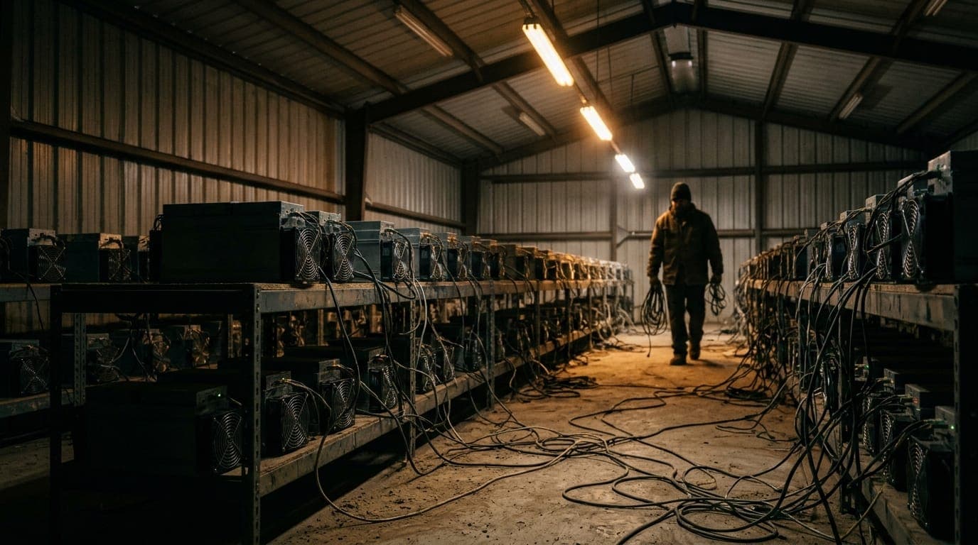 Rows of black ASIC mining rigs hum inside a dimly lit corrugated-metal warehouse, their cooling fans glowing amber under harsh industrial strip lighting, while tangled power cables snake