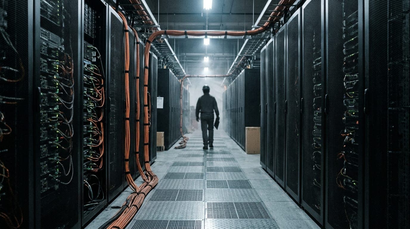 A vast industrial data center floor stretches into the distance under cold fluorescent light, rows of black server racks humming alongside stacked bitcoin mining rigs, thick orange power