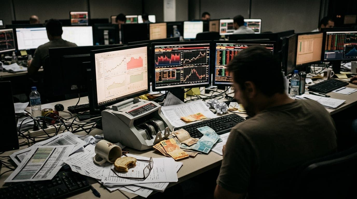 A currency trader's desk in a dimly lit São Paulo dealing room is strewn with scattered printout sheets, a coffee cup knocked sideways, and multiple monitors casting a harsh red glow across