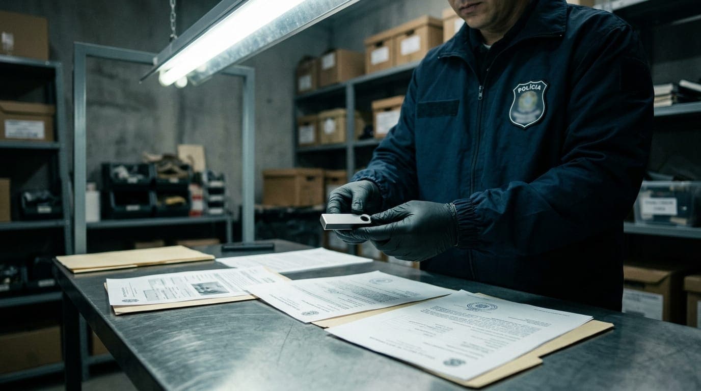 A gloved officer's hands carefully hold a small silver hardware wallet device over a metal evidence table scattered with printed documents, photographed under the harsh fluorescent light of