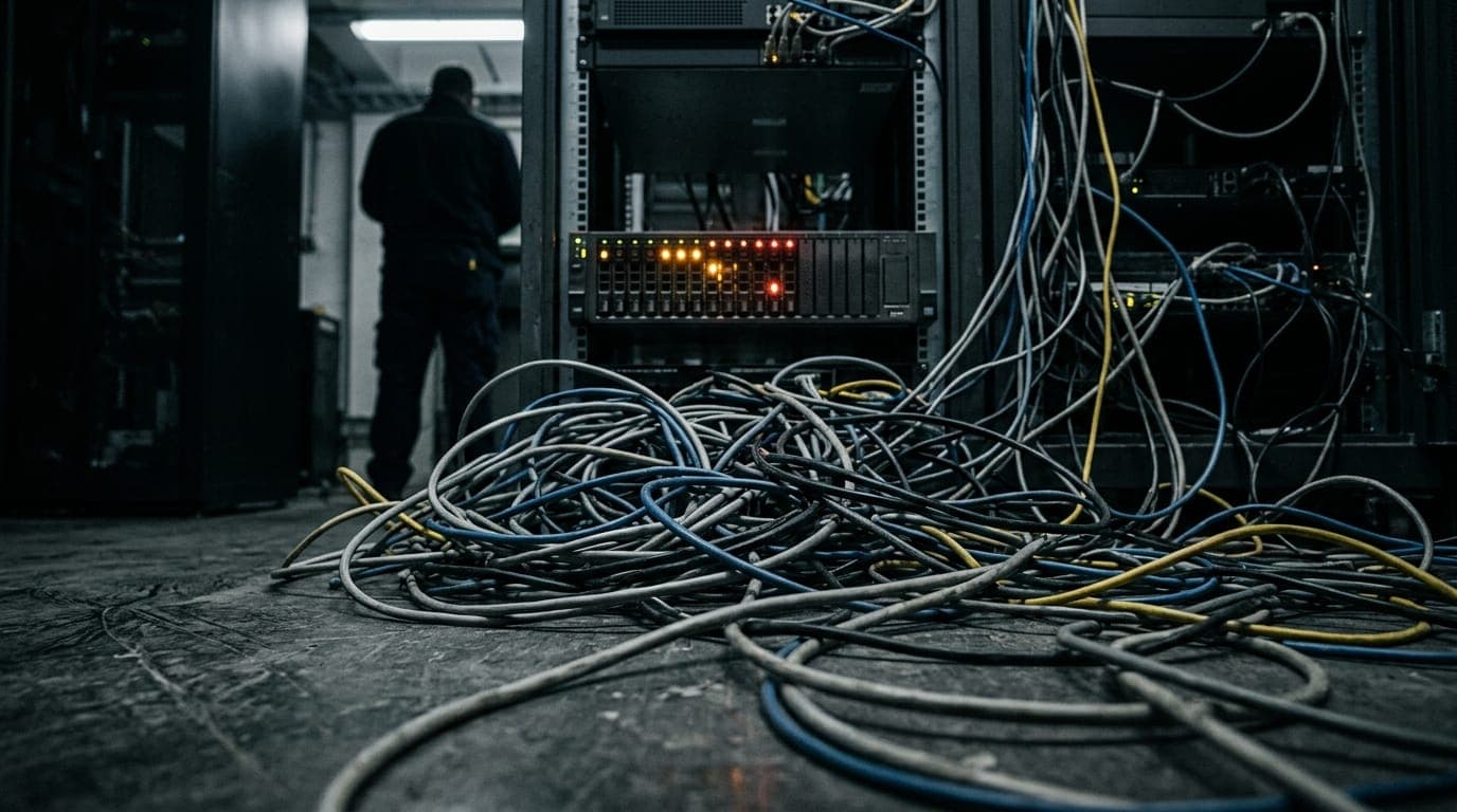 A tangle of unplugged ethernet cables spills across a cold concrete server room floor beneath the blinking amber warning lights of a rack-mounted system, shot with a shallow depth of field