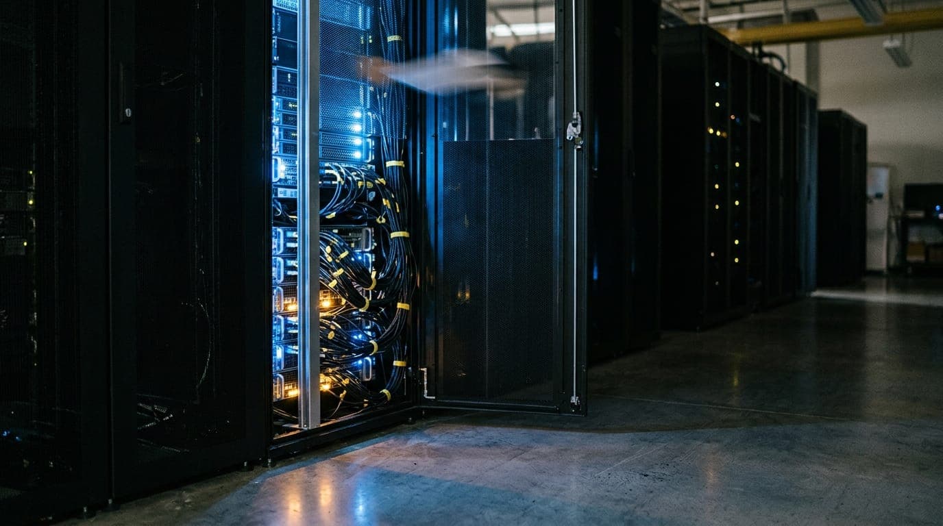 A server rack bathed in cold blue LED light stands partially open in a dimly lit data center, its exposed cable bundles and blinking amber indicators casting faint reflections across the
