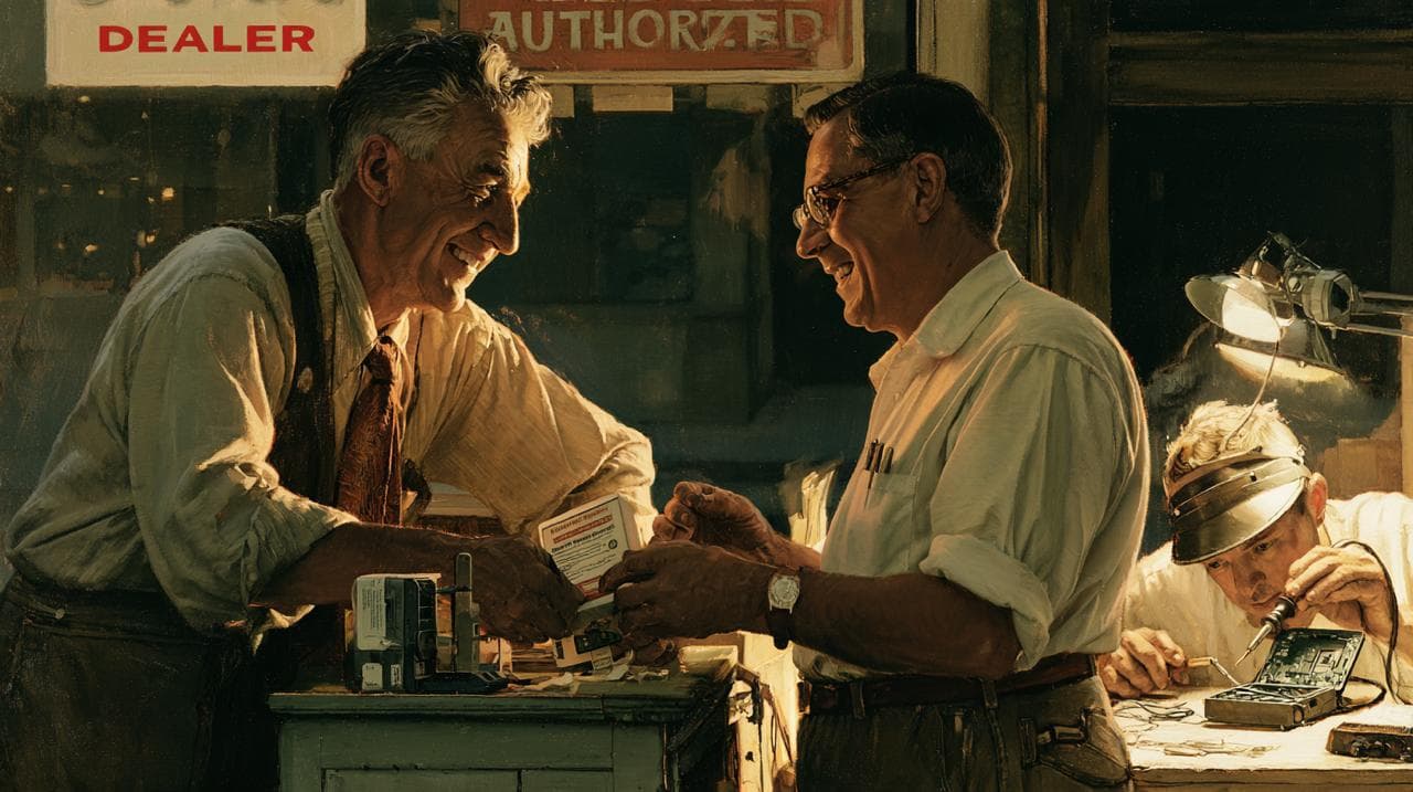 A painted 1950s electronics shop where a smiling dealer hands a boxed device to a customer while a technician solders inside an open device in back.