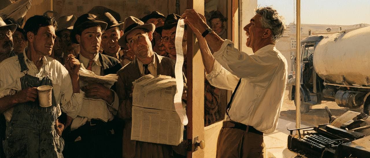 Norman Rockwell style painting of a grinning clerk holding up ticker tape as anxious shopkeepers and businessmen in fedoras crowd the doorway.