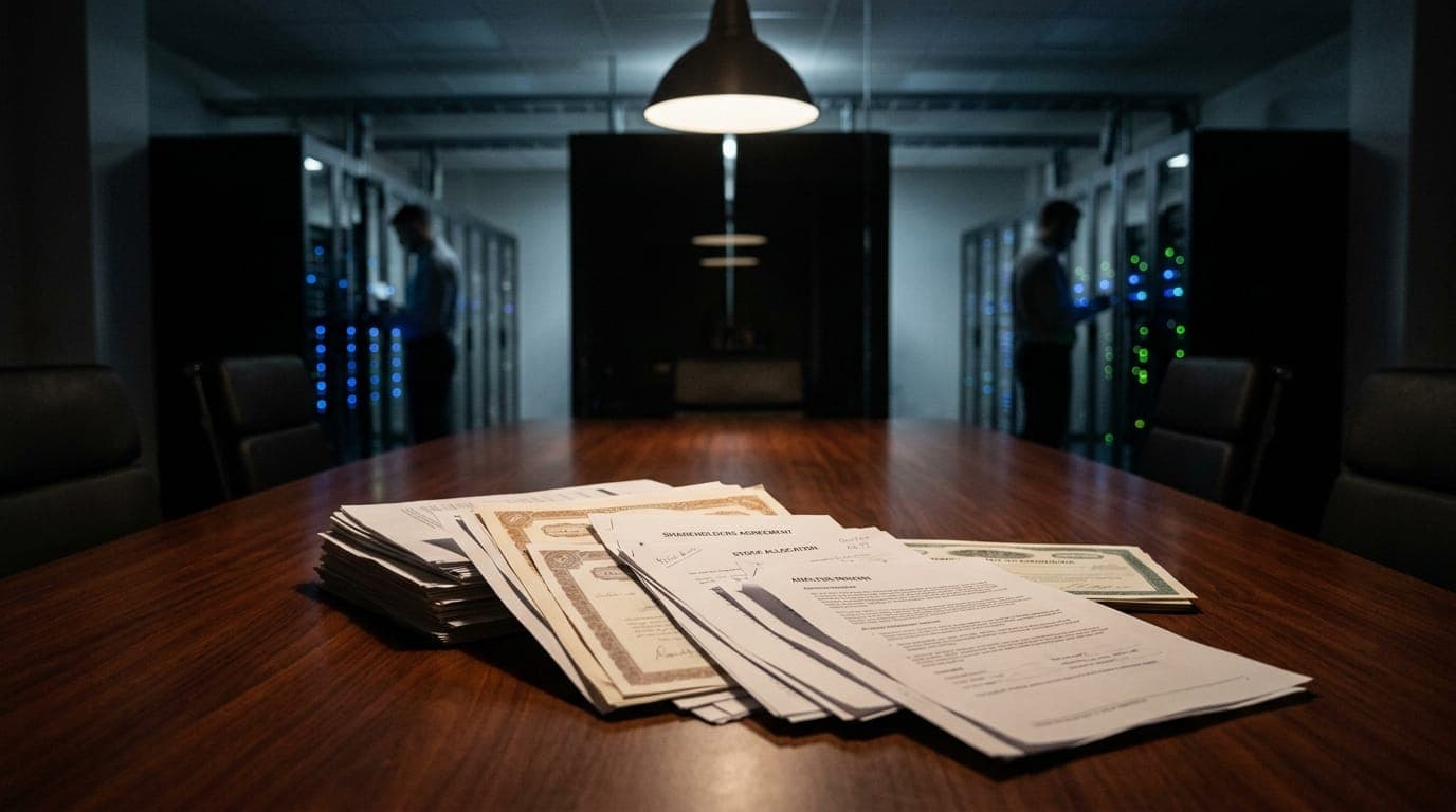 A stack of glossy stock certificates and printed financial documents spills across a polished mahogany boardroom table, catching harsh overhead fluorescent light, while in the soft-focused