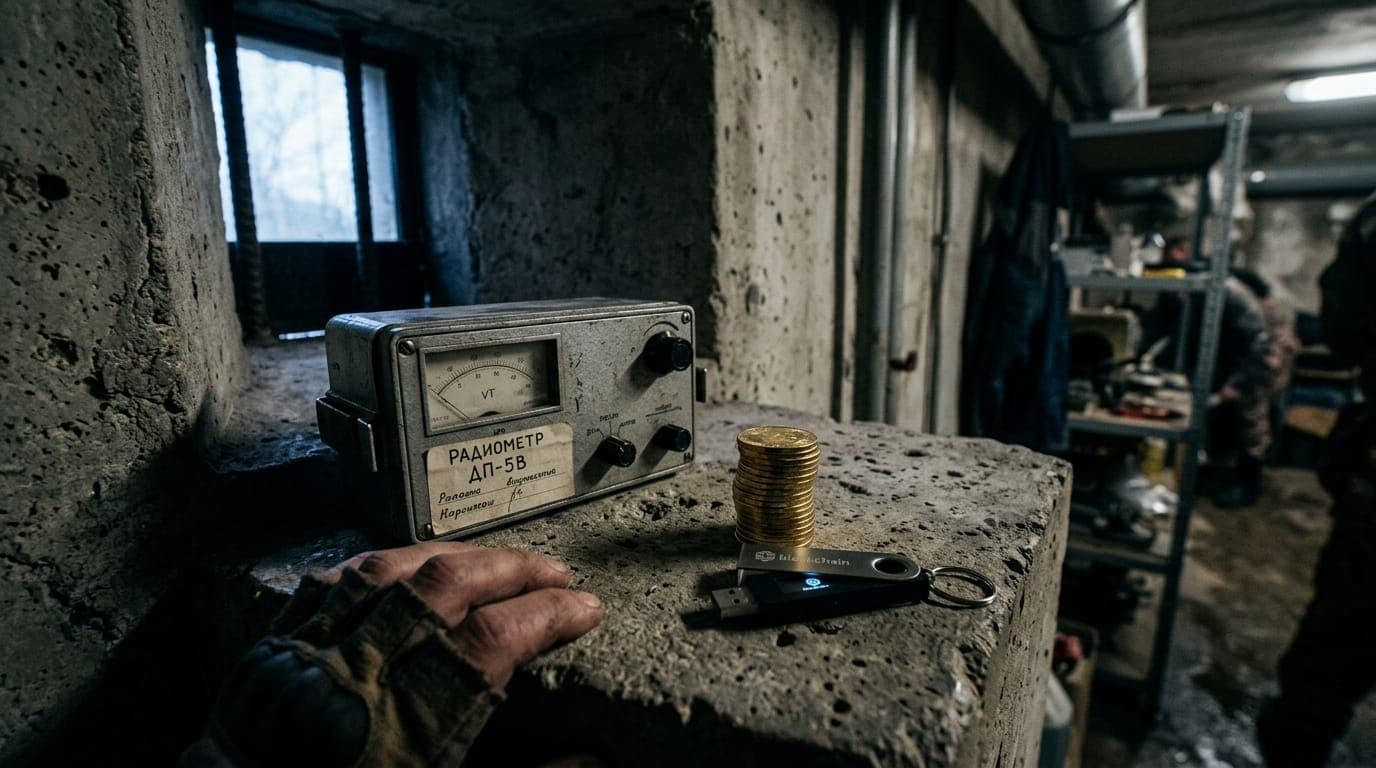 A worn metal Geiger counter rests on a concrete bunker wall beside a small stack of gold coins and a single USB hardware wallet, bathed in the cold blue-gray light of an overcast sky