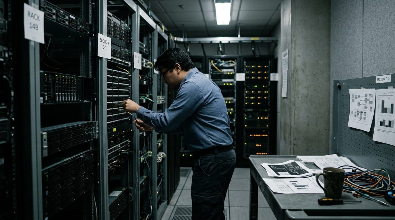 A government IT technician in a blue button-down shirt disconnects a server rack cable in a dimly lit federal data center, the steel equipment bays bathed in cold fluorescent overhead light