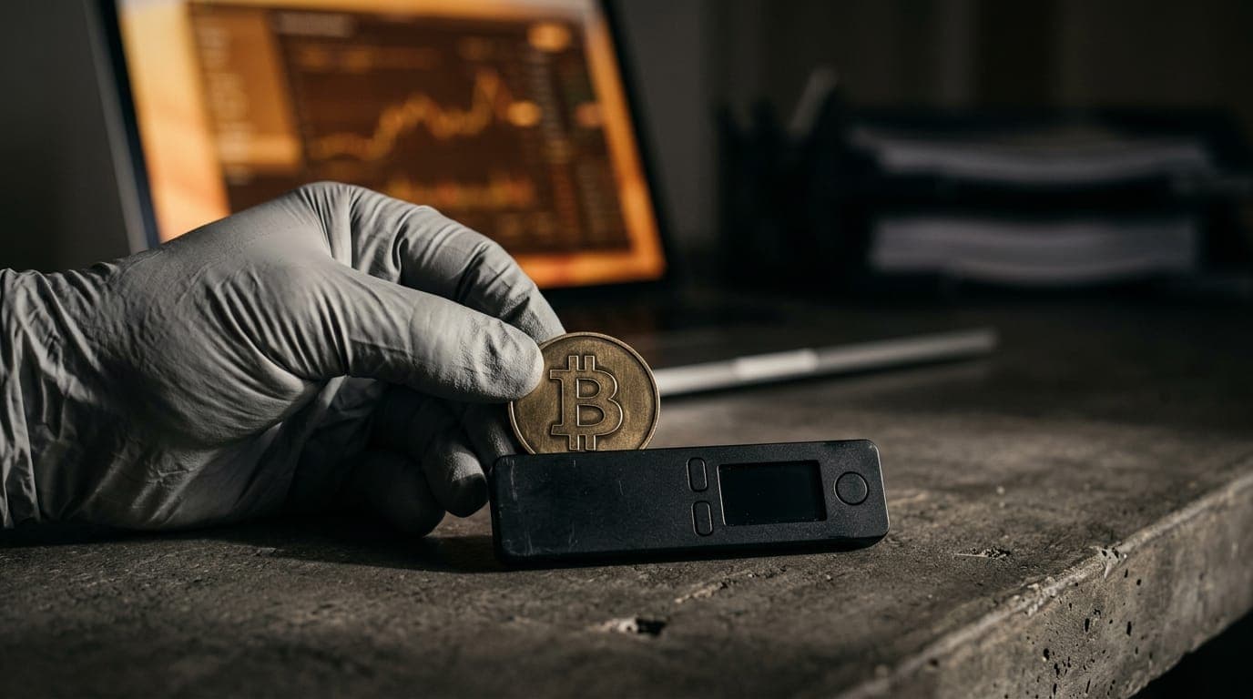A gloved hand holds a single physical bitcoin medallion over a sleek black hardware wallet resting on a dark concrete surface, while a blurred laptop screen glows amber in the background