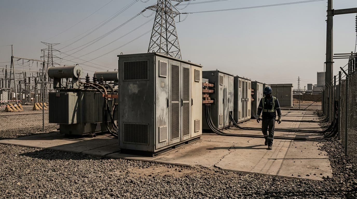 A row of industrial-scale lithium battery storage units and transformer enclosures stretches across a dusty substation yard under harsh midday sun, their gray steel cabinets and thick copper