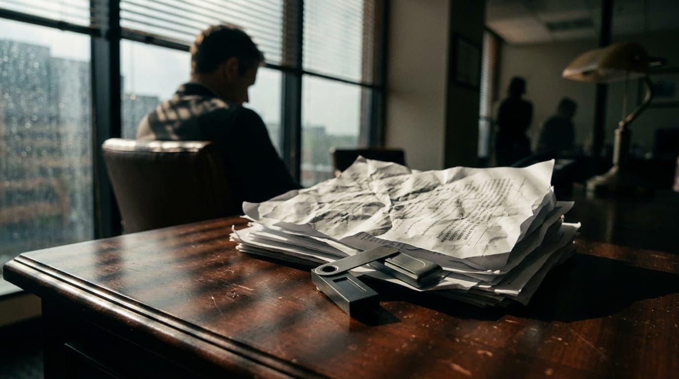 A crumpled stack of government regulatory documents lies abandoned on a polished mahogany table beside a single cold hardware wallet, bathed in the raking late-afternoon light cutting