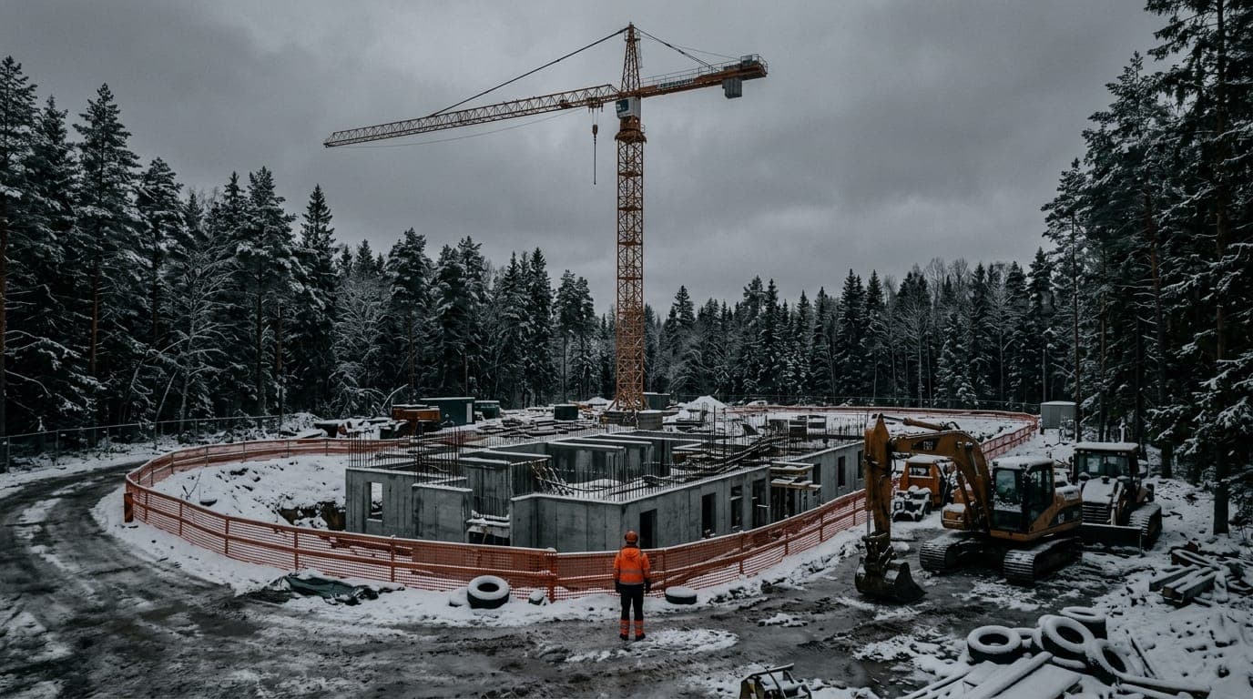 A construction crane stands idle over a half-finished concrete foundation in a snow-dusted Finnish forest clearing, orange safety fencing surrounding dormant excavation equipment under the