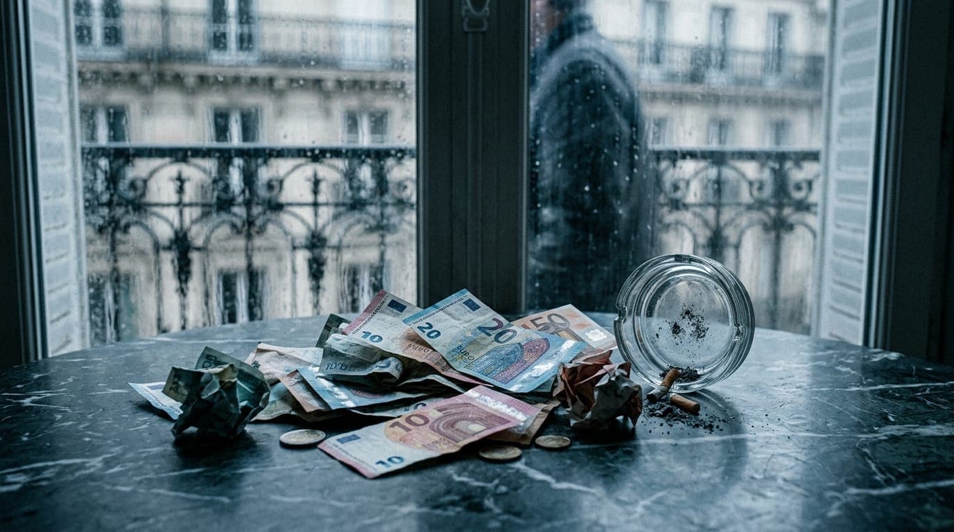 A crumpled stack of euro banknotes lies splayed across a marble tabletop beside an overturned glass ashtray, shot in cold blue-grey window light filtering through rain-streaked glass, with a