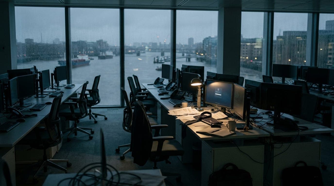 A wide-angle shot of a dimly lit London trading floor at dusk, rows of dark monitors casting cold blue light across empty ergonomic chairs and abandoned coffee cups, a single desk lamp