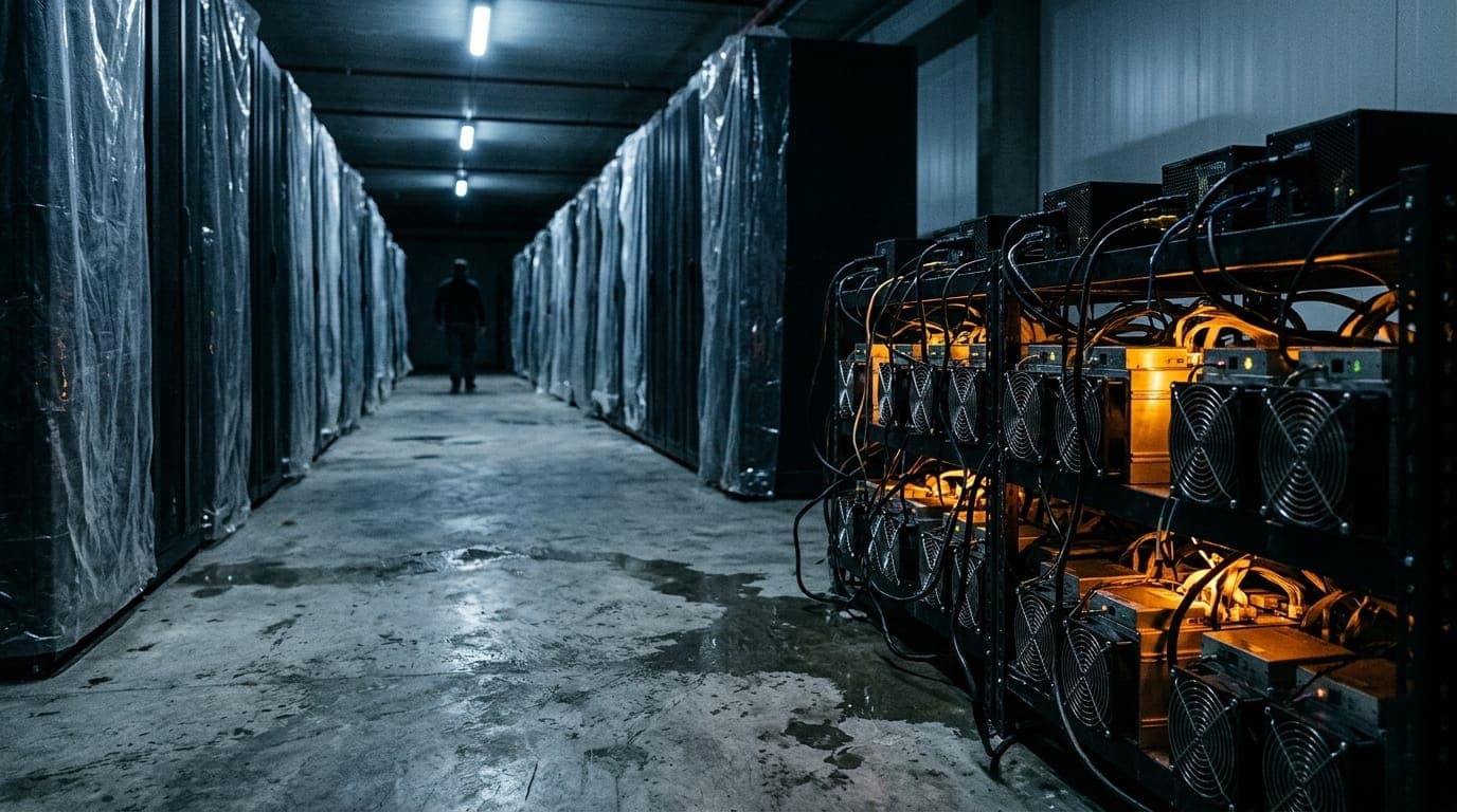 A cavernous data center aisle stretches into the distance under cold blue-white fluorescent light, rows of dark, powered-down server racks draped in plastic sheeting standing idle beside a