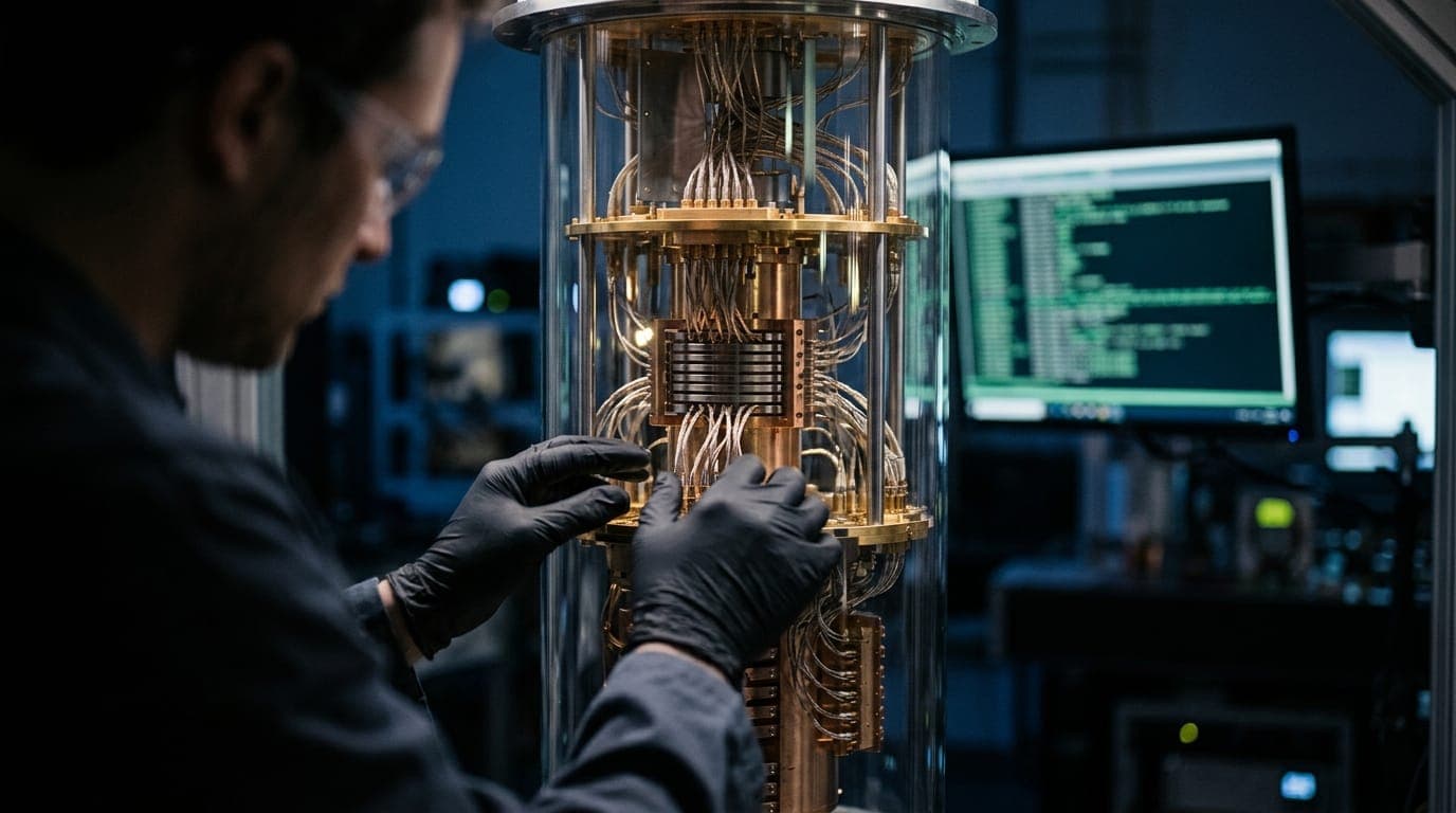 A researcher's hands hover over a glowing quantum computing cryostat — a gleaming cylindrical tower of gold-plated wiring and copper cooling rings suspended inside a glass-walled laboratory