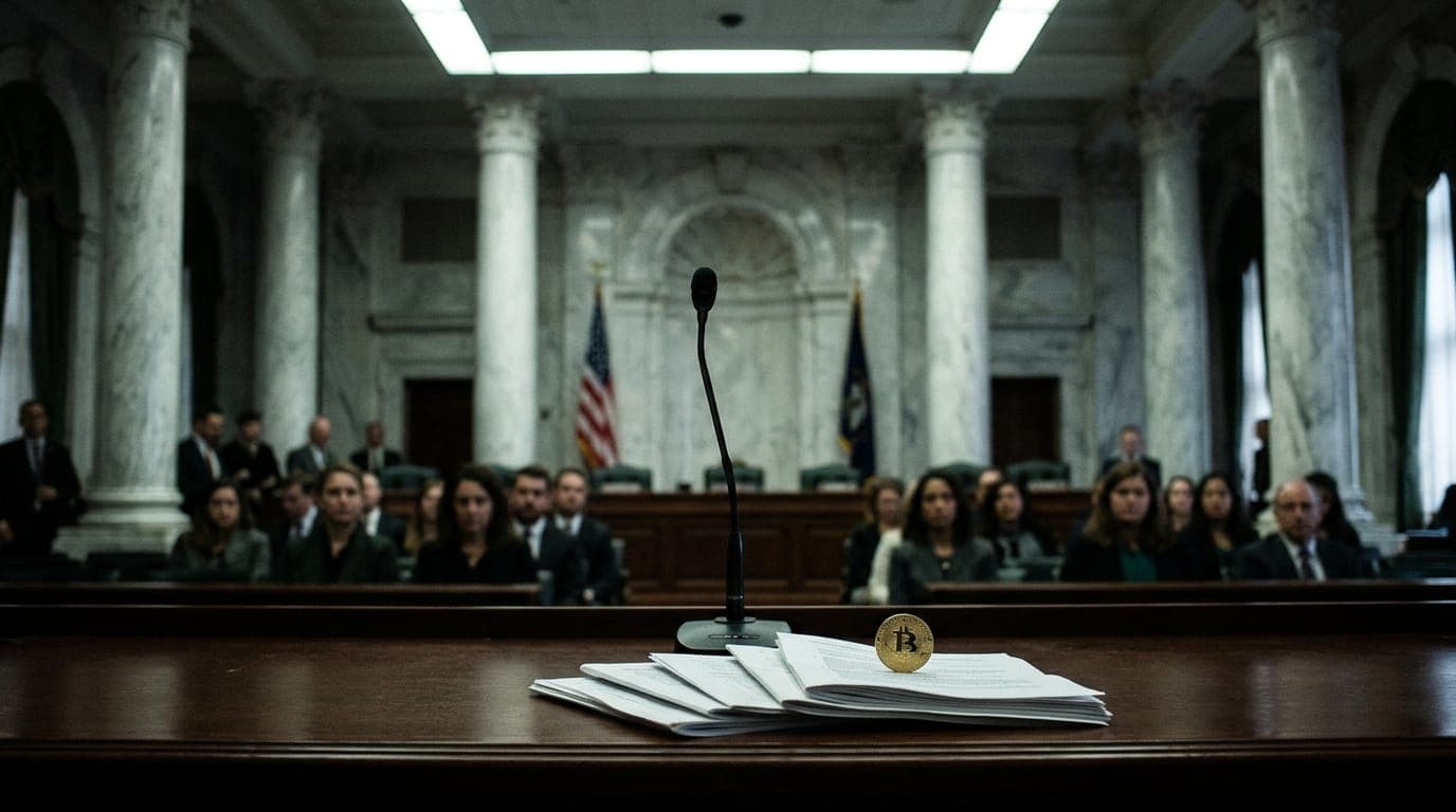 A marble-columned Senate hearing room is bathed in cool overhead fluorescent light, with a lone microphone centered on a long mahogany dais, a small stack of briefing papers fanned out