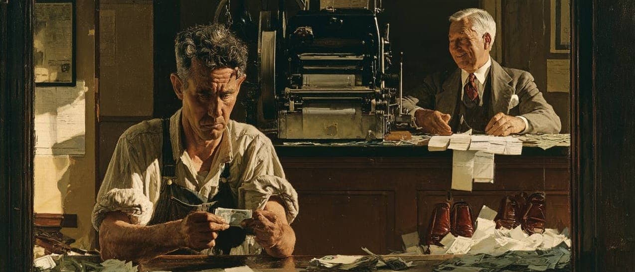 A worker counts his money while an official operates a printing press behind him.