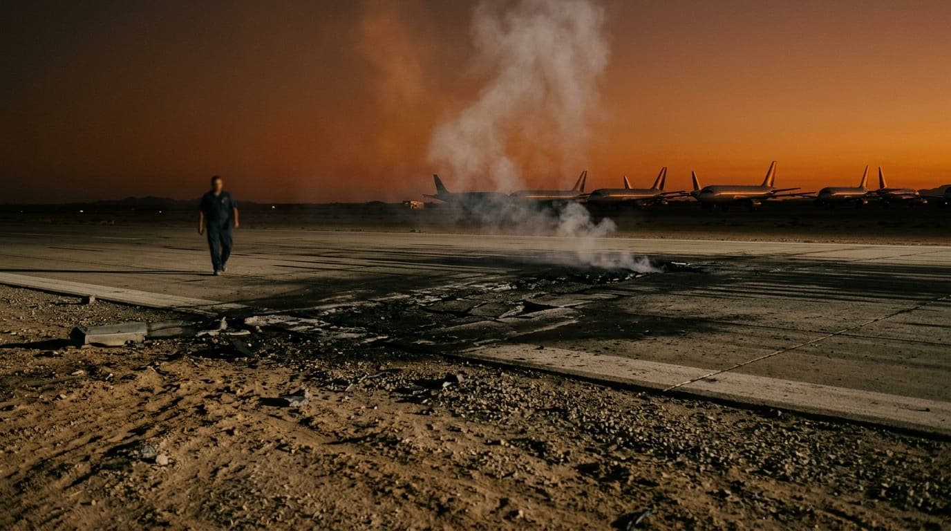 A wide-angle ground-level shot of a desert airfield at dusk, with a charred concrete runway scorched black at its center, wisps of white smoke still rising into a deep orange sky, while a