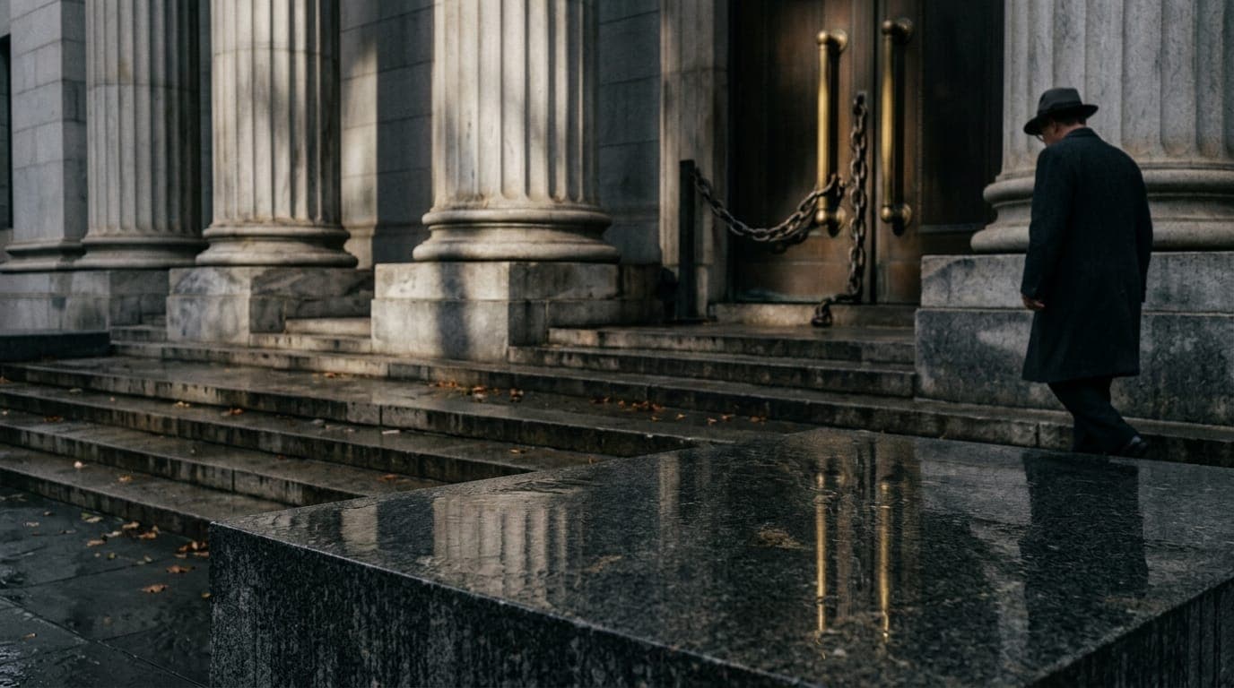 A row of imposing marble courthouse columns casts long afternoon shadows across worn stone steps, while a single heavy brass door handle and thick chains are reflected in a rain-slicked