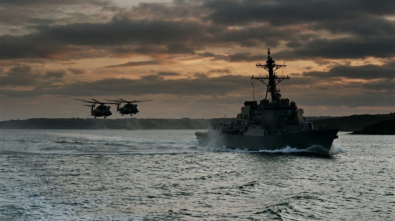 A naval warship cuts through the steel-gray waters of a narrow strait at dusk, its hull silhouetted against a smoldering orange horizon, while two military helicopters fly low in tight