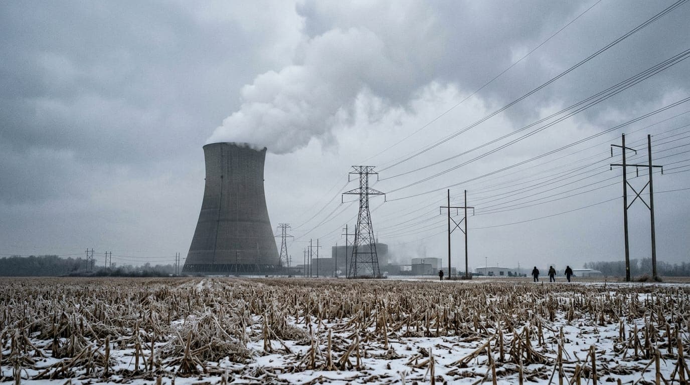 A wide-angle ground-level shot of a nuclear cooling tower looming against a flat Indiana winter sky, its white steam plume rising and diffusing into cold gray clouds, with frost-covered