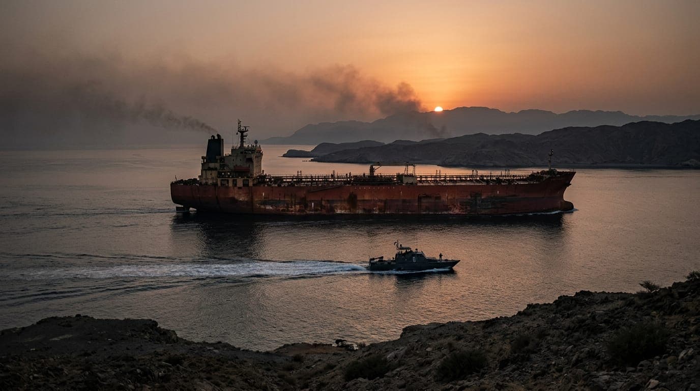 A massive supertanker moves through the narrow, haze-choked waters of the Strait of Hormuz at dusk, its rust-streaked hull reflecting the amber and copper light of a low sun, while a distant