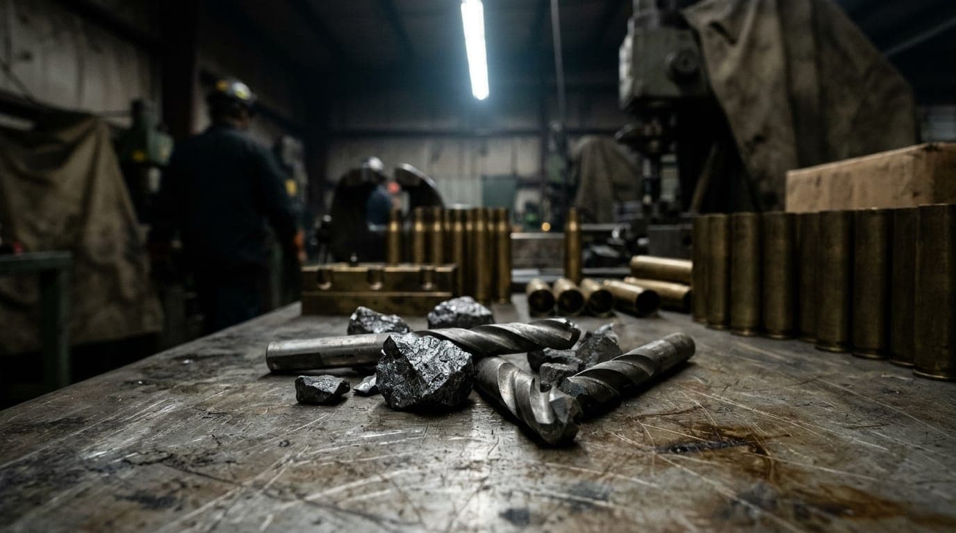 A close-up of dense tungsten carbide drill bits and rough tungsten ore chunks arranged on a worn steel workbench inside a dimly lit industrial warehouse, the heavy grey metal fragments