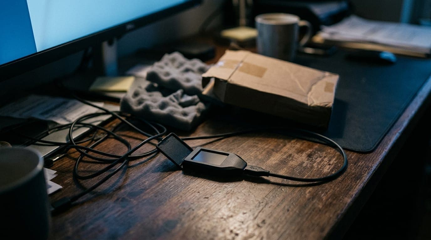 A small black hardware wallet device sits open on a wooden desk beside a tangled USB cable, illuminated by cool blue monitor glow in a dim room, while a crumpled cardboard shipping box and
