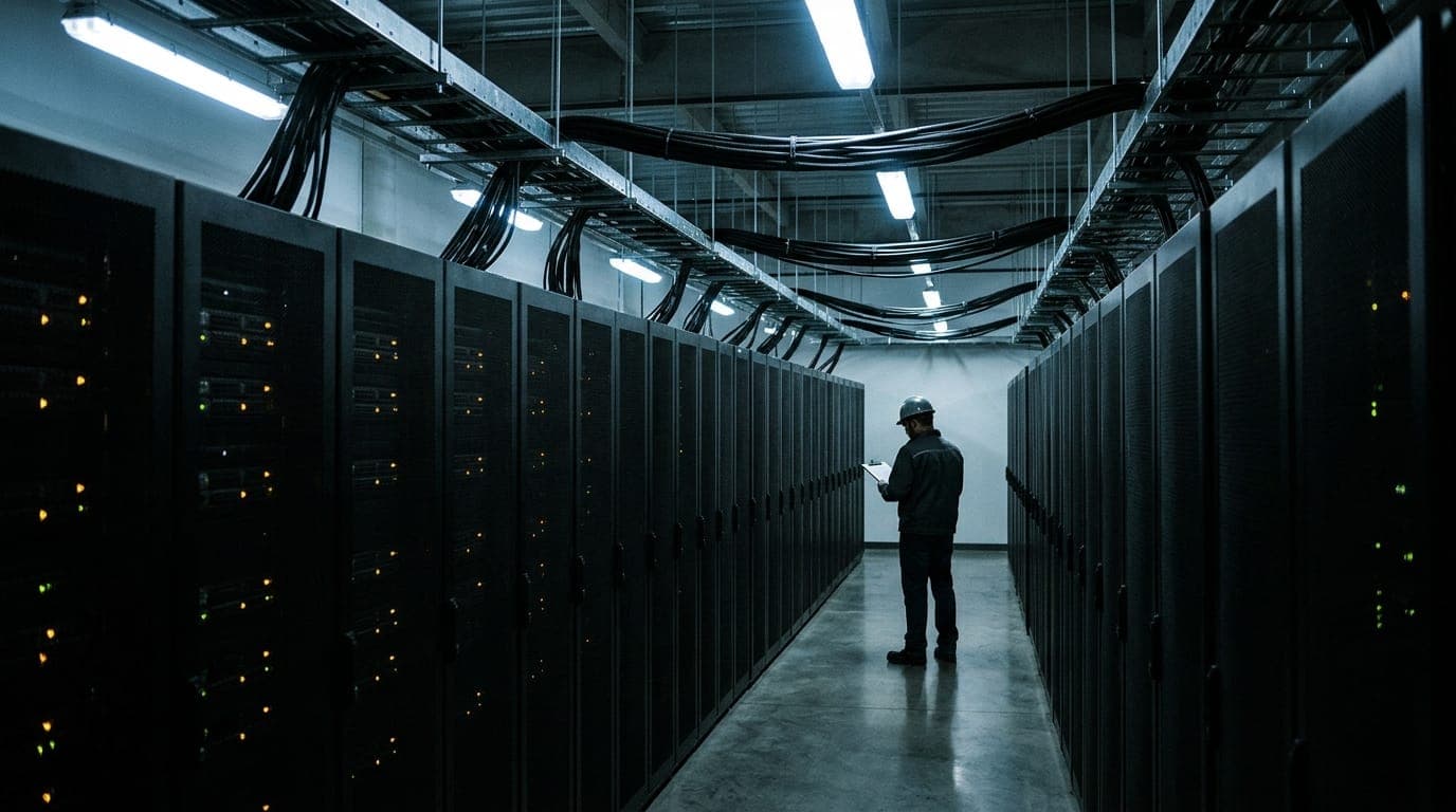 A rows of black server racks stretch down a dimly lit data center corridor, their blinking amber and green indicator lights reflecting off polished concrete floors, while bundled fiber-optic