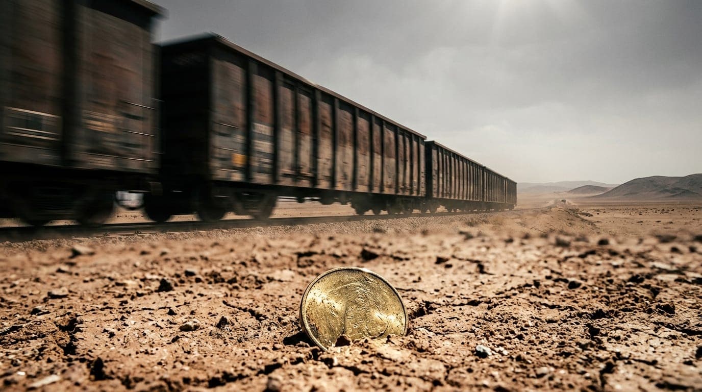 A weathered freight train barrels through a sun-bleached desert landscape, its rusted steel cars streaked with dust and motion blur, while in the foreground a single gold coin rests