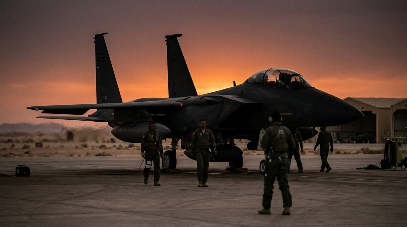 A Saudi Air Force jet sits on a sun-scorched desert tarmac at dusk, its silhouette backlit by a smoldering orange horizon, ground crew in olive flight suits moving beneath the swept wings as
