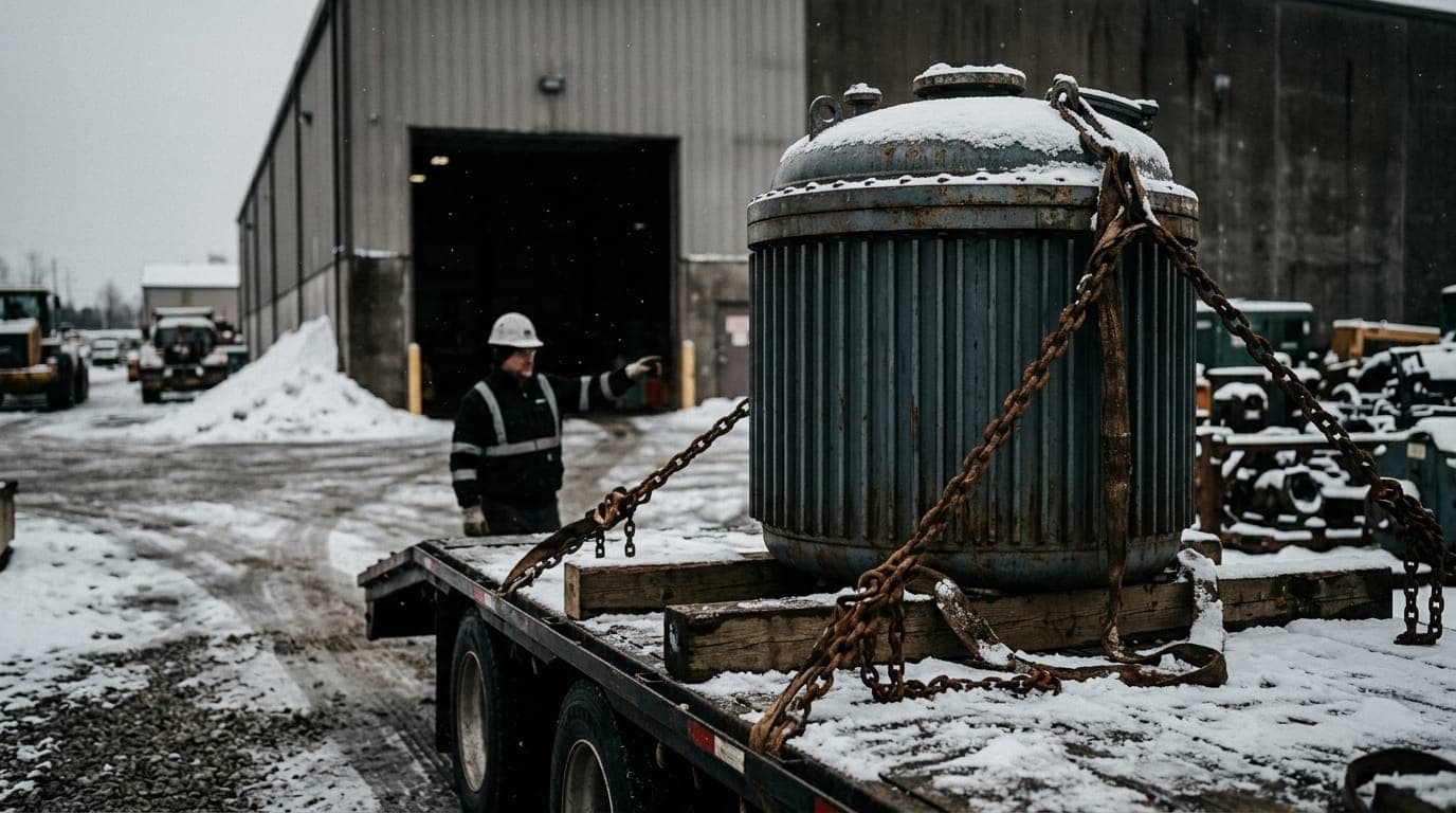 A compact cylindrical steel reactor vessel, roughly the size of a shipping container, sits on a flatbed truck in a snowy industrial yard under flat grey winter light, heavy lifting chains