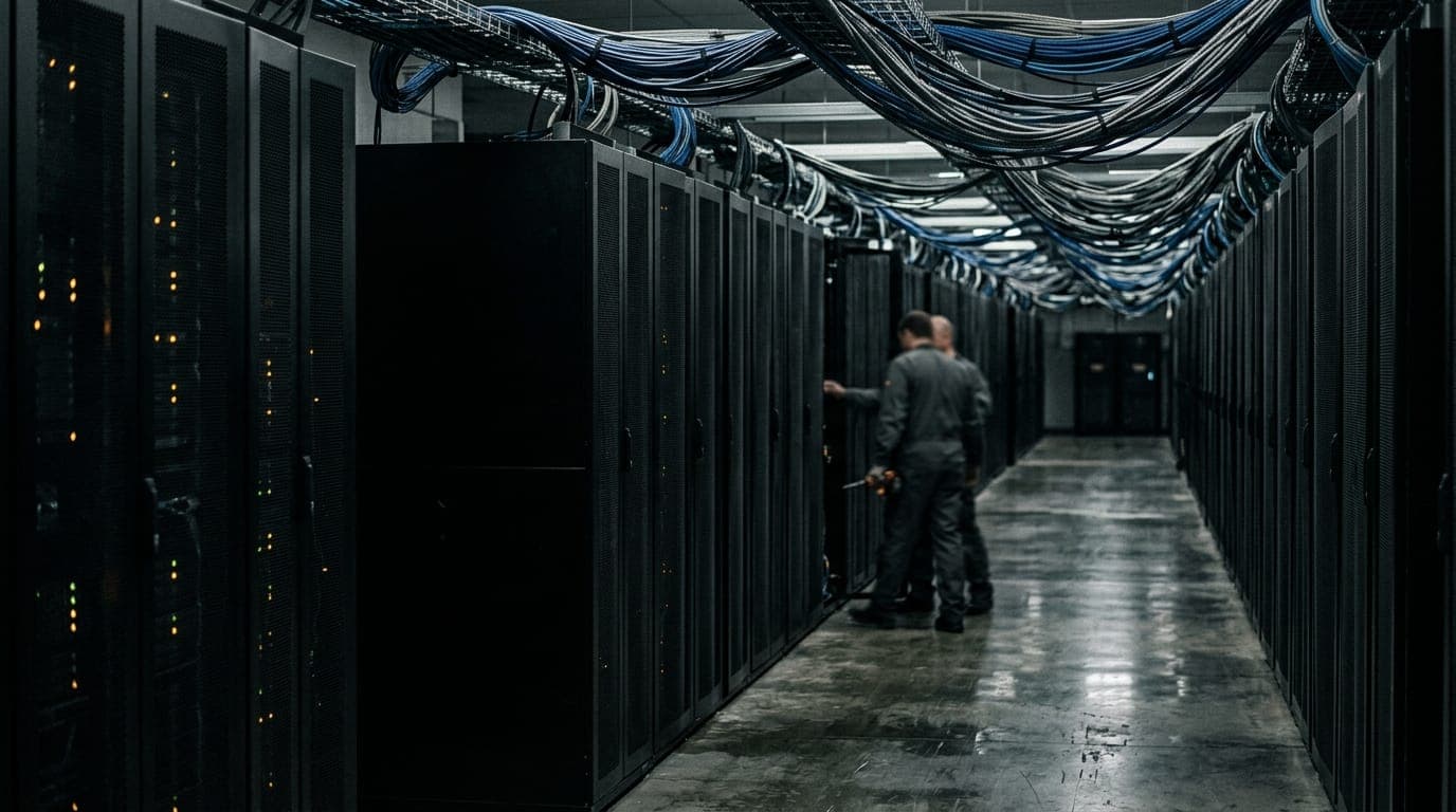 A rows of matte-black server racks stretch deep into a dimly lit data center, their blinking amber and green indicator lights reflecting off polished concrete floors, while thick bundles of