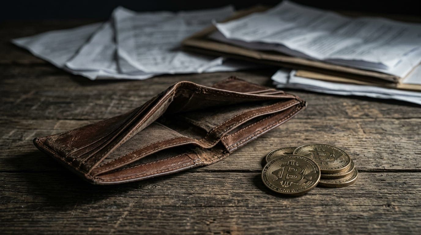A worn leather wallet lying open and empty on a weathered wooden table beside a small stack of physical Bitcoin coins, shot in cold, raking window light that casts long shadows across the