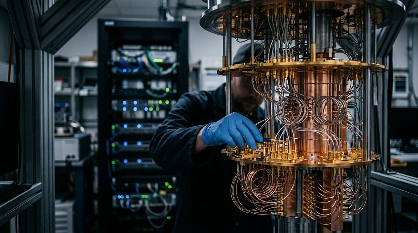 A gloved technician's hands adjust fiber-optic cables inside an open quantum computing cryostat chamber, the polished copper and gold wiring glowing under cold white laboratory fluorescent