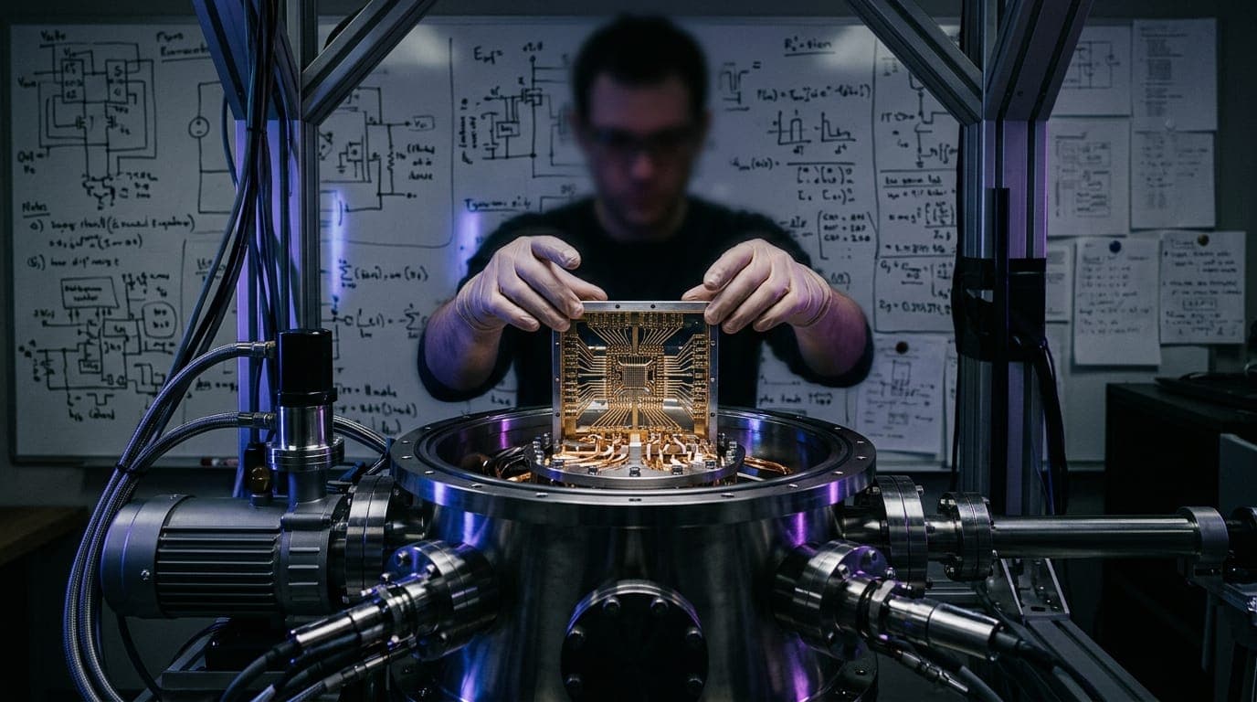 A researcher's hands hover over a quantum computing processor mounted in a gleaming cylindrical cryogenic chamber, its gold-plated superconducting circuits reflecting cold blue laboratory