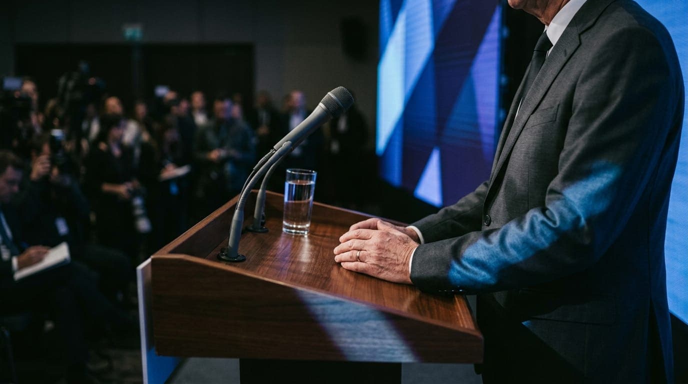 A government official's hands rest on a podium lectern during a formal press conference, the cool blue glow of a large display screen behind casting geometric light across a sleek microphone