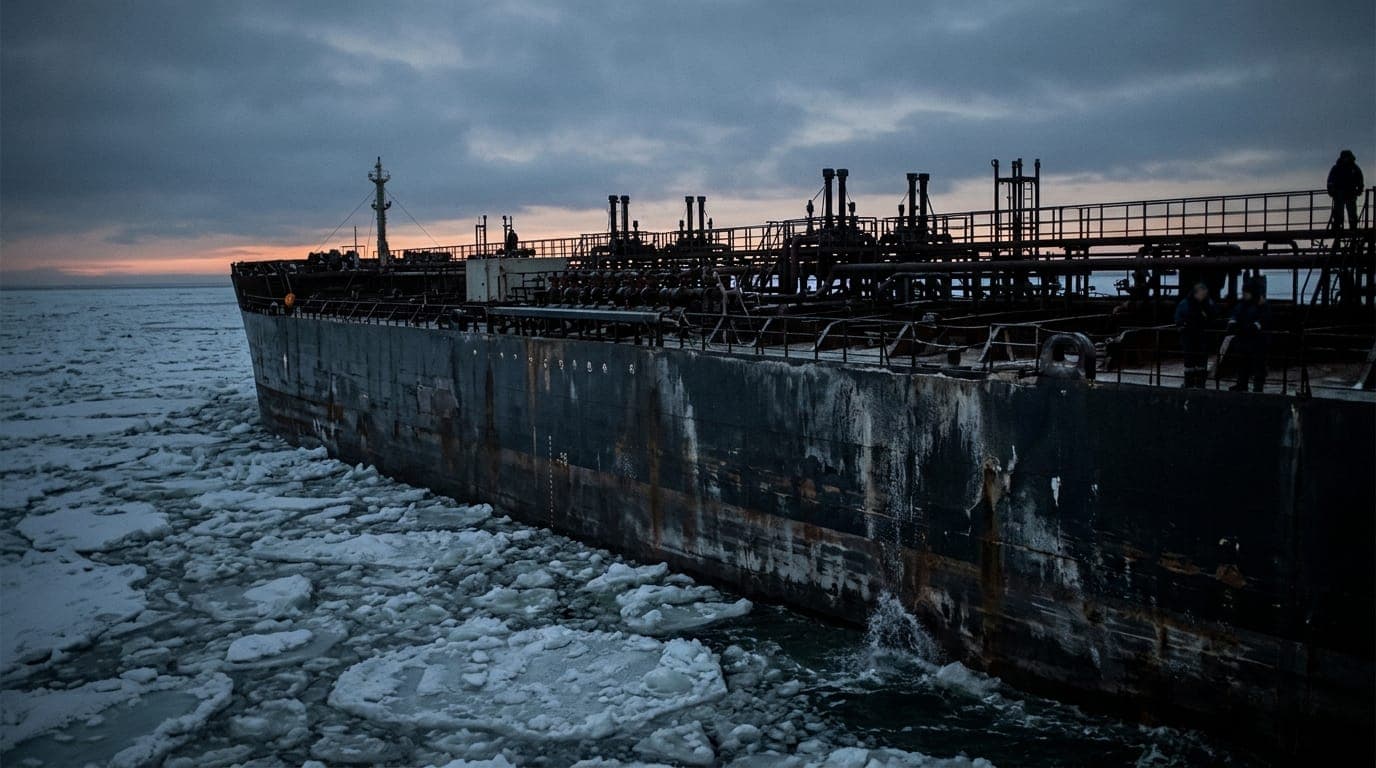 A massive crude oil tanker moves slowly through gray Arctic waters at dusk, its rust-streaked black hull cutting through broken ice floes, with a faint orange horizon glowing behind and a