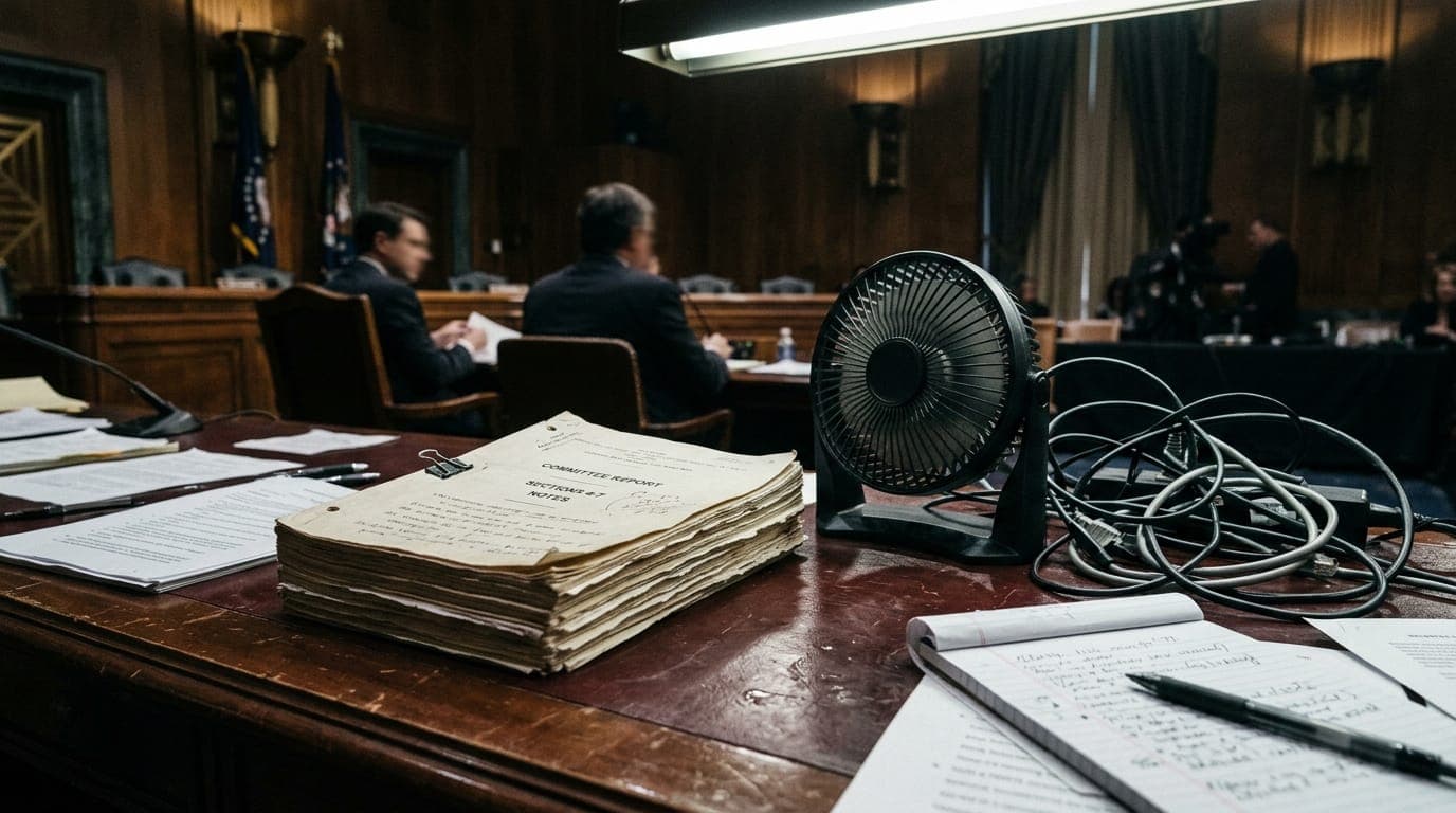 A senator's mahogany hearing room desk holds a thick paper report beside a small cooling fan blowing across a tangled cluster of ethernet cables, the harsh overhead fluorescent light casting