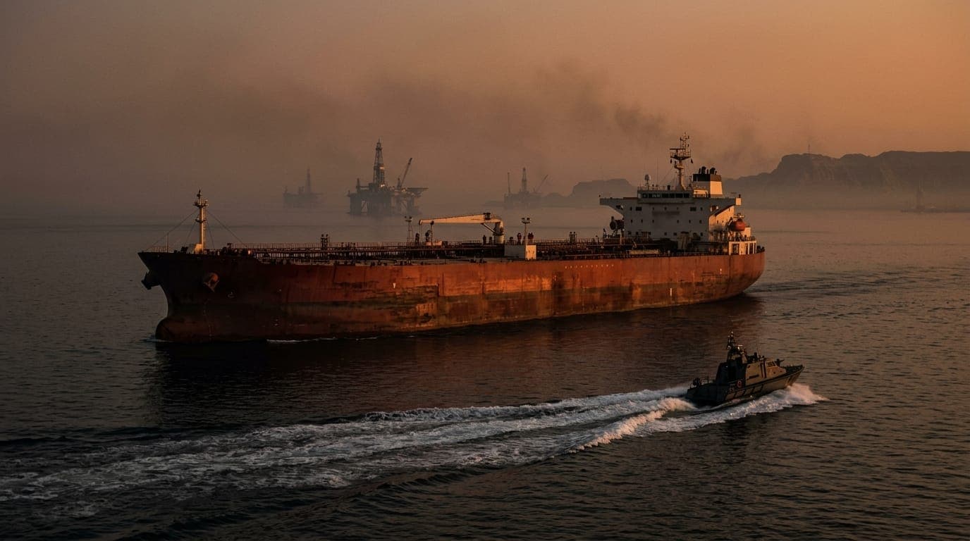 A supertanker loaded with crude oil moves through the narrow, haze-shrouded waters of the Strait of Hormuz at golden hour, its rusted hull reflecting orange light on the glassy sea while a