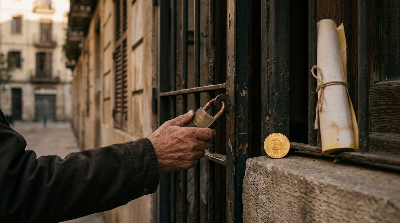 A landlord's weathered hand slides a rusted padlock shut on the iron gate of a vacant Barcelona apartment building, its sun-bleached facade streaked with damp stains and peeling plaster