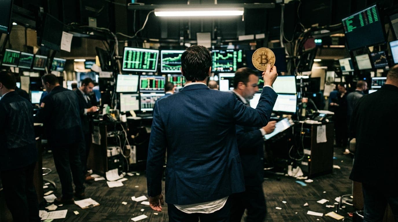 A floor trader on a busy exchange stands with their back to camera amid a sea of glowing green screens, a physical gold-toned bitcoin coin held up in one outstretched hand catching the harsh