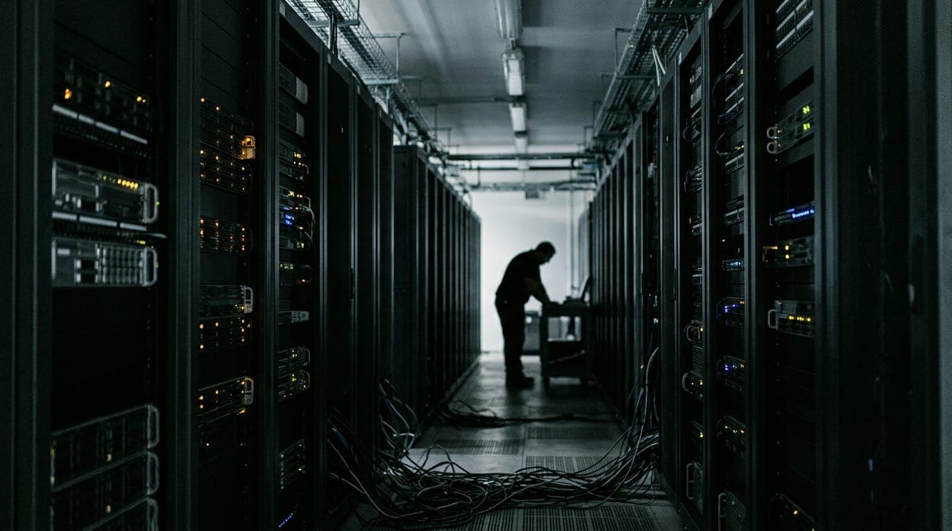 A dimly lit server room corridor stretches into the distance, rows of black rack-mounted hardware glowing with amber and blue indicator lights, thick bundles of ethernet cables snaking along